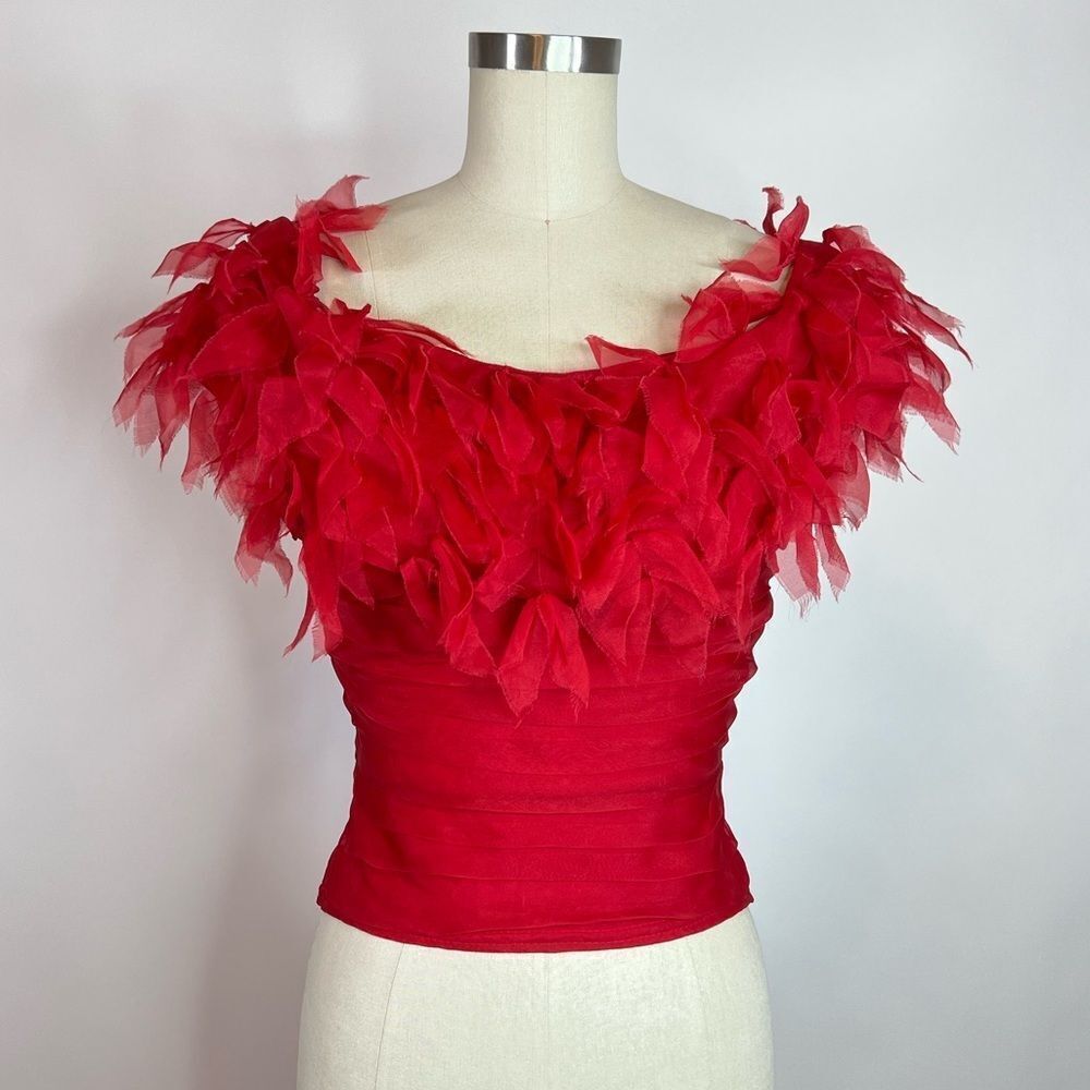 Vintage silk red TADASHI Y2K 90a pleated art to wear off the shoulder corset top